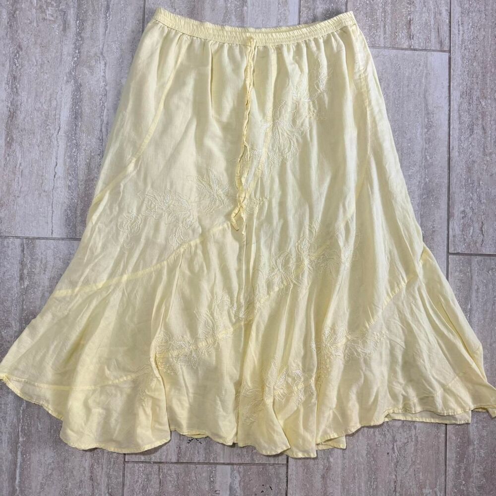 Vintage Y2K Yellow Cotton Embroidered Midi Skirt Boho Fairycore Cottagecore L